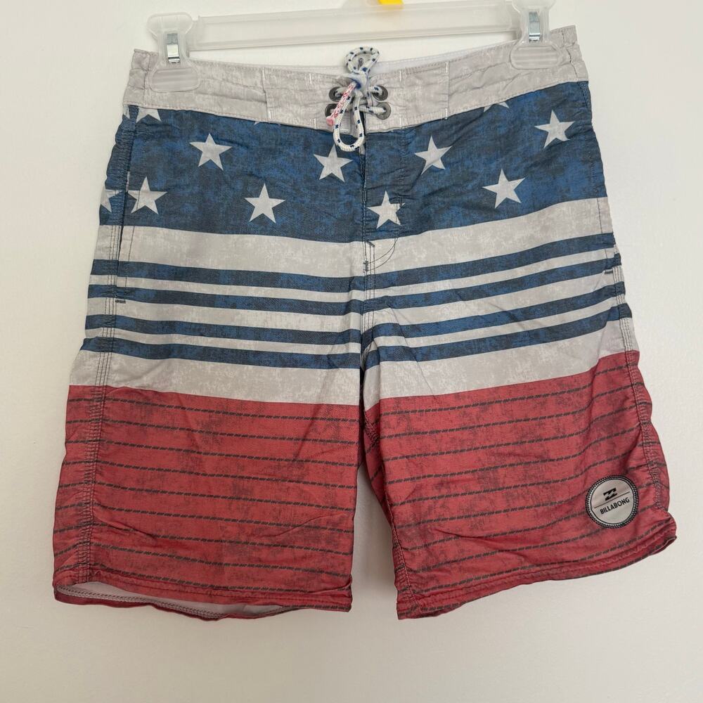 Billabong Board Shorts featuring a Distressed American Flag Pattern